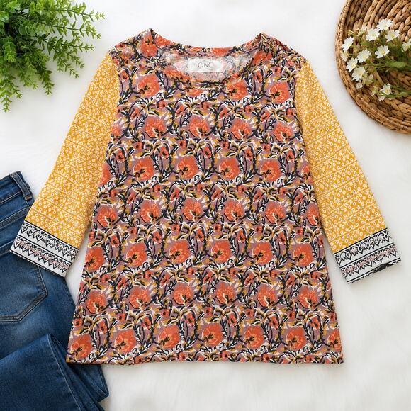 Cino Tops - CINO Floral Mixed Print Cotton Top Women’s Large 3/4 Sleeve Boho Wearable Art